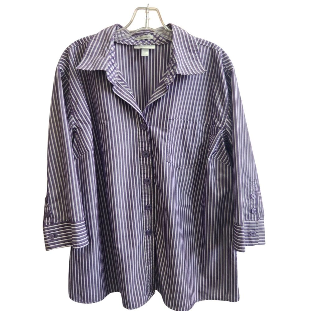 Dressbarn 2X Purple Stripe Poplin Wrinkle Resistant 3/4 Career Coastal Lagenlook